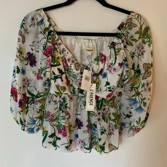 L'agence Elena Off-The-Shoulder 100% Silk Blouse White Multi Botanical Floral XS - Picture 4 of 13